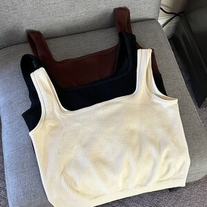 Ribbed Square-Neck Tank Top (Cream, Black, Brown)
